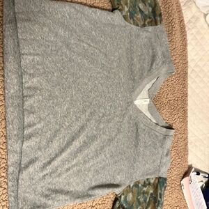 Gray V-Neck T-Shirt with Camouflage Sleeves